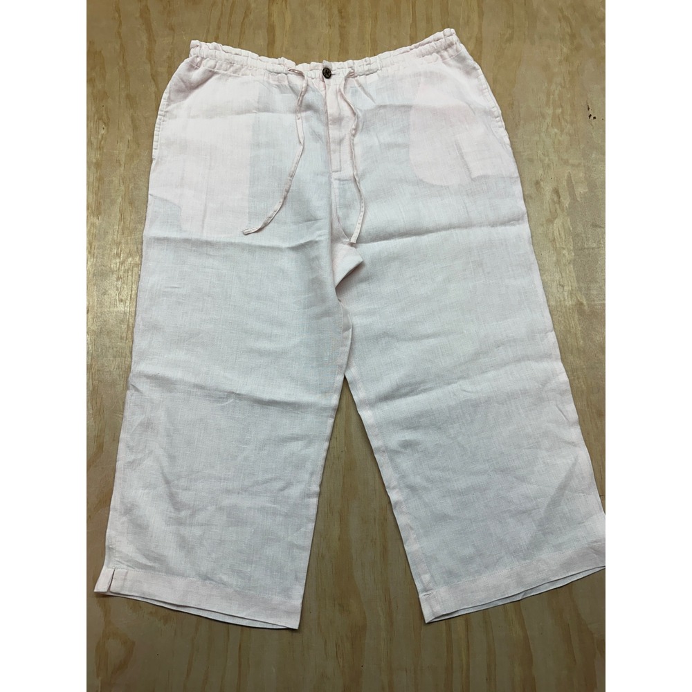 Jamaica Bay Womens Petite M PM Pink 100% Linen Crop Drawstring Pants‎ Wide Leg